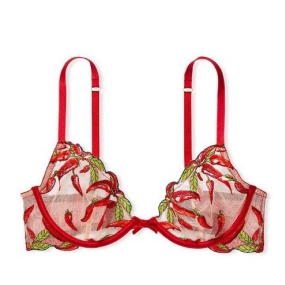 VICTORIA'S SECRET- Unlined Chili Pepper Embroidery Demi Bra Red - Picture 1 of 3